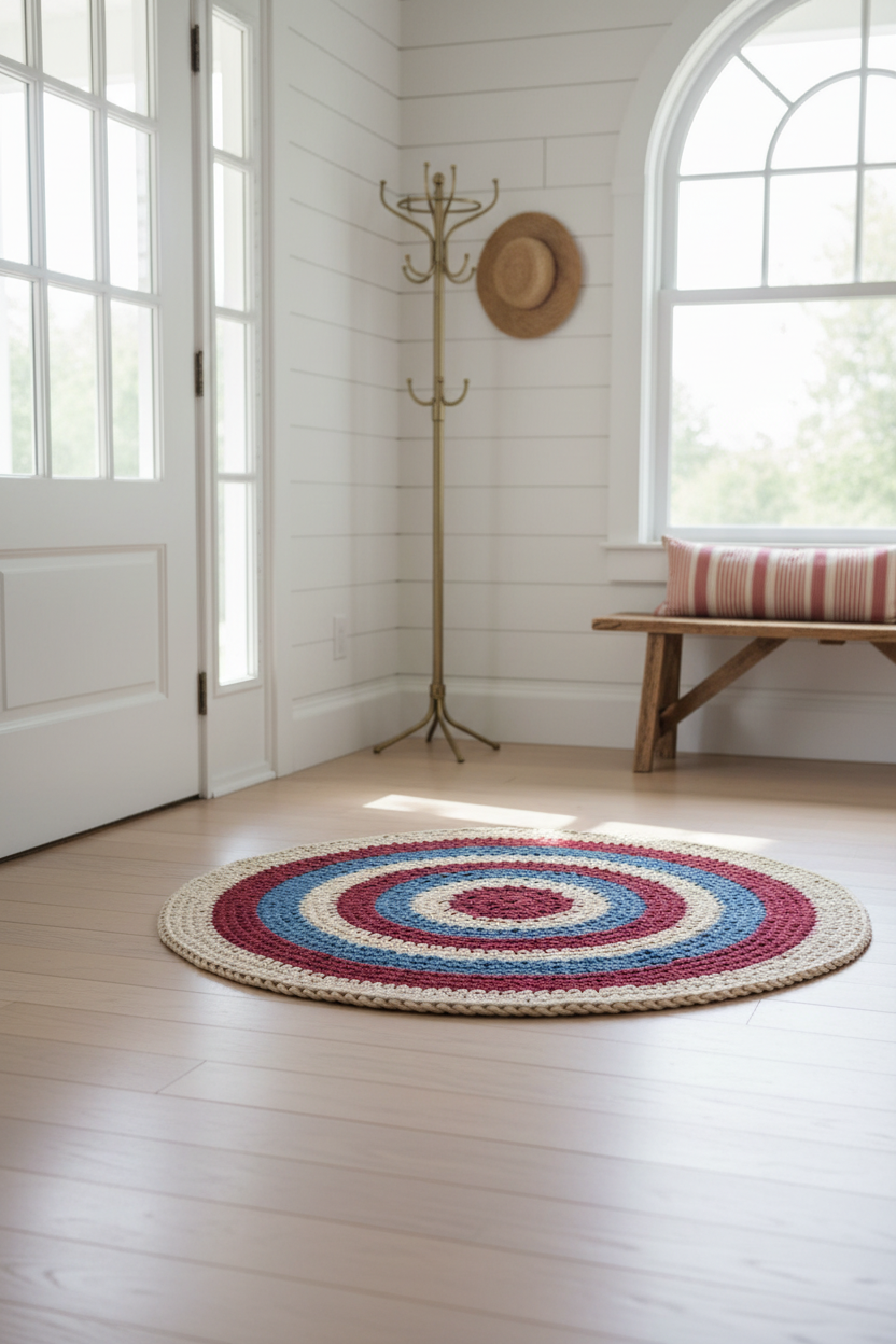 Americana Rug in bright farmhouse entryway with natural sunlight